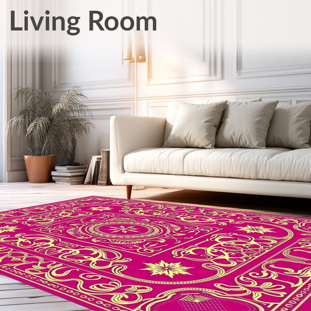 Vibrant Pink and Gold Ornate Medallion Rug
