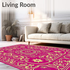 Vibrant Pink and Gold Ornate Medallion Rug