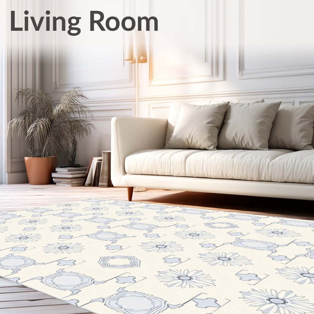 Soft Blue Ivory Floral Square Medallion Rug