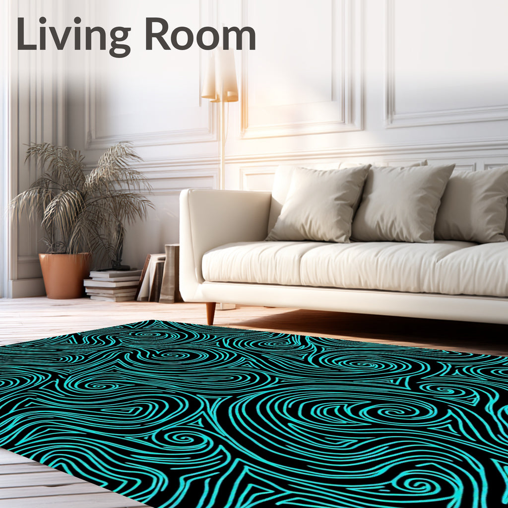 Cyan Swirls and Triangles Abstract Art Rug