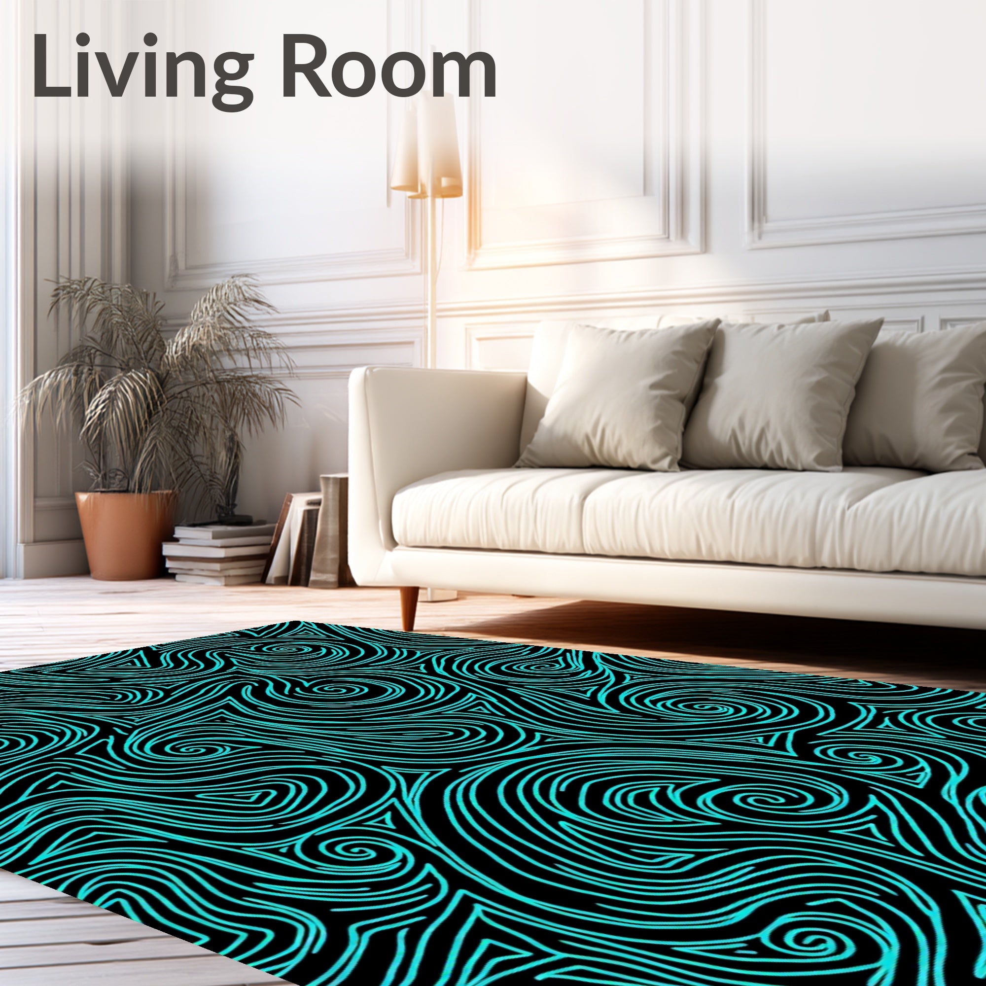 Cyan Swirls and Triangles Abstract Art Rug