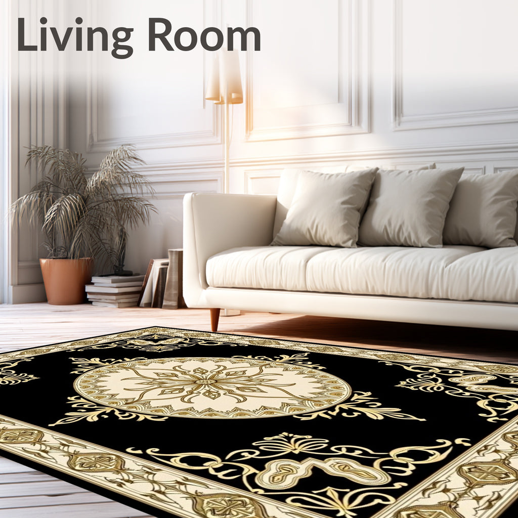 Ornate Black Gold Medallion Border Rug