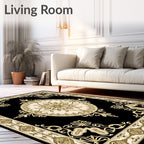 Ornate Black Gold Medallion Border Rug