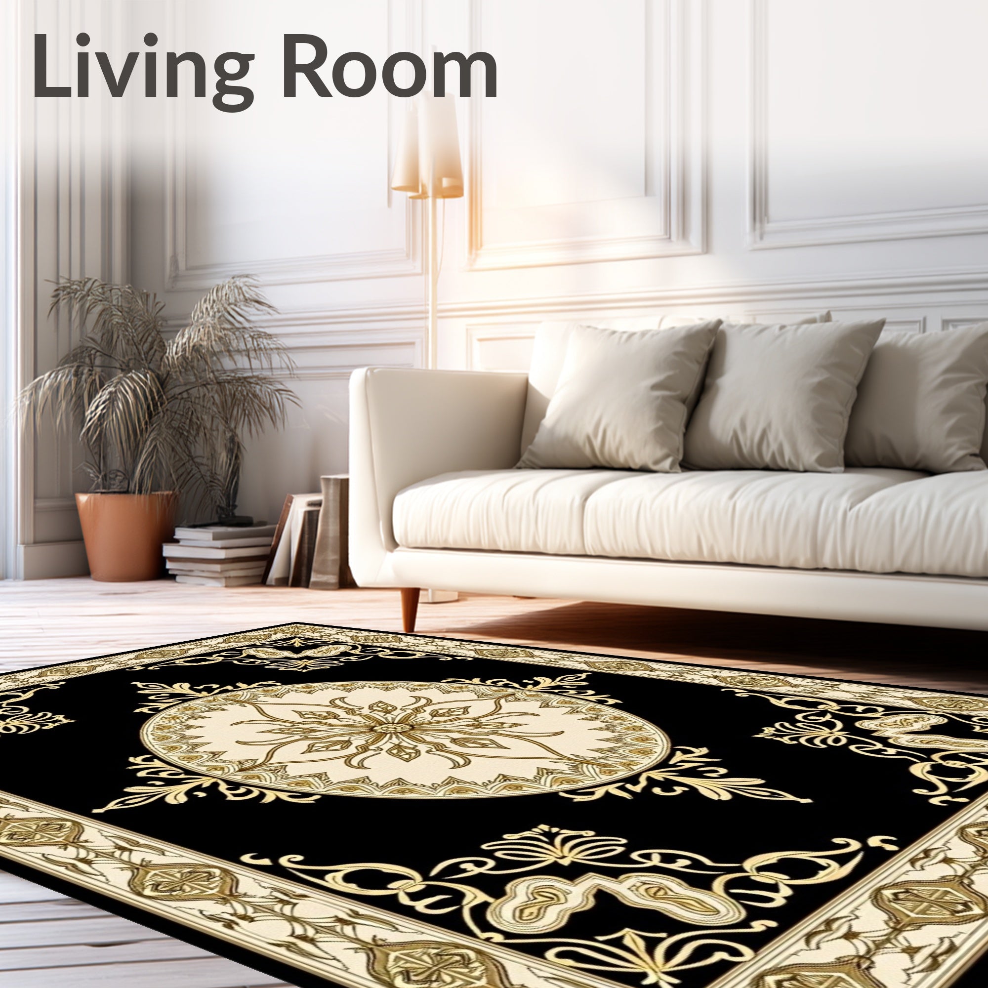 Ornate Black Gold Medallion Border Rug