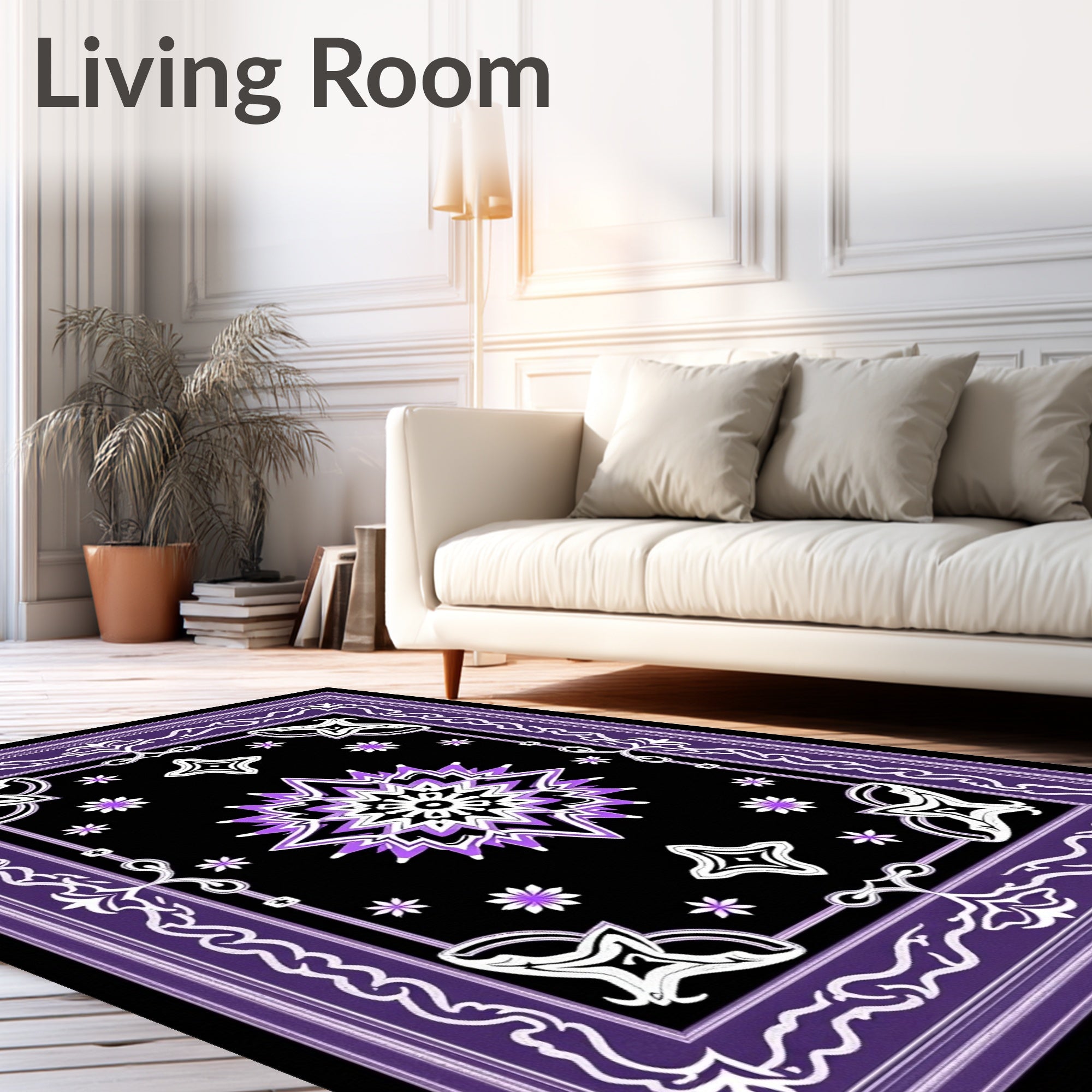 Purple Black Starburst Medallion Border Rug