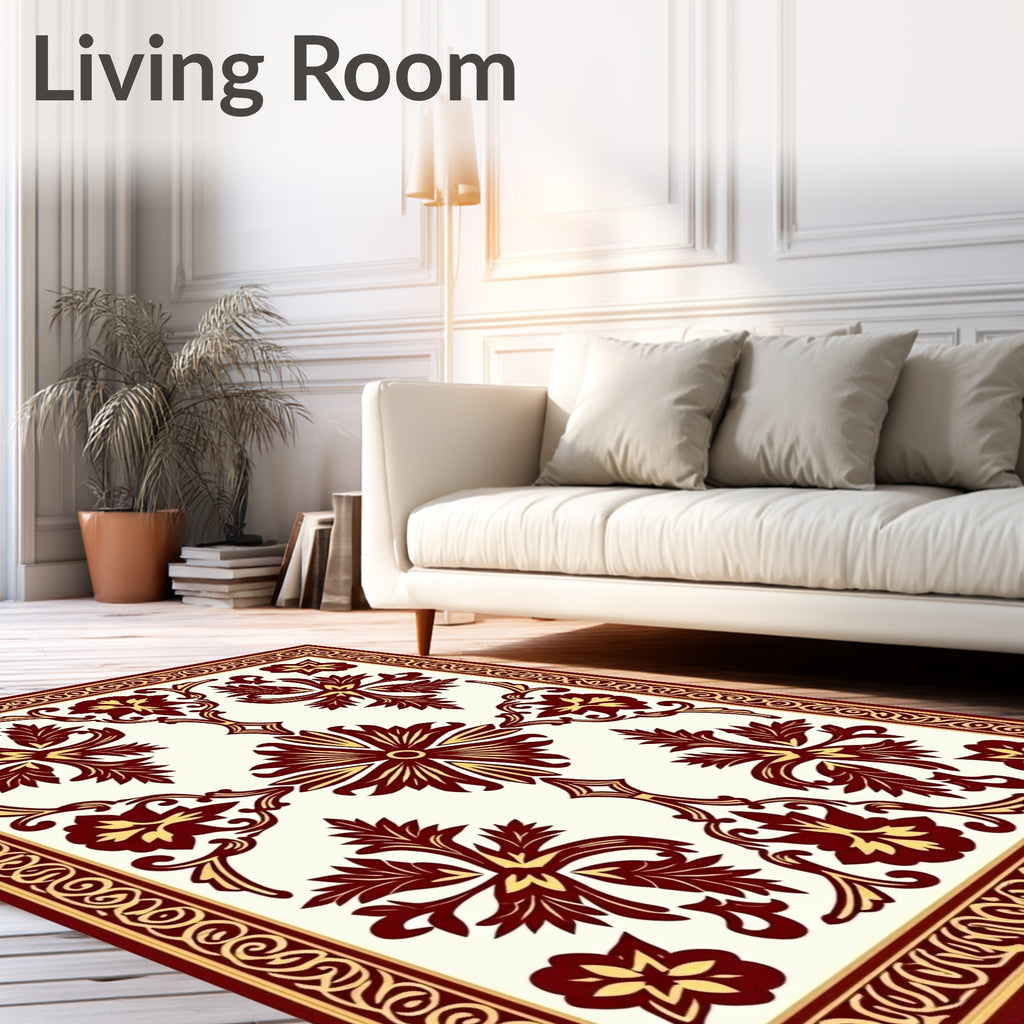 Maroon Gold Floral Medallion Frame Rug