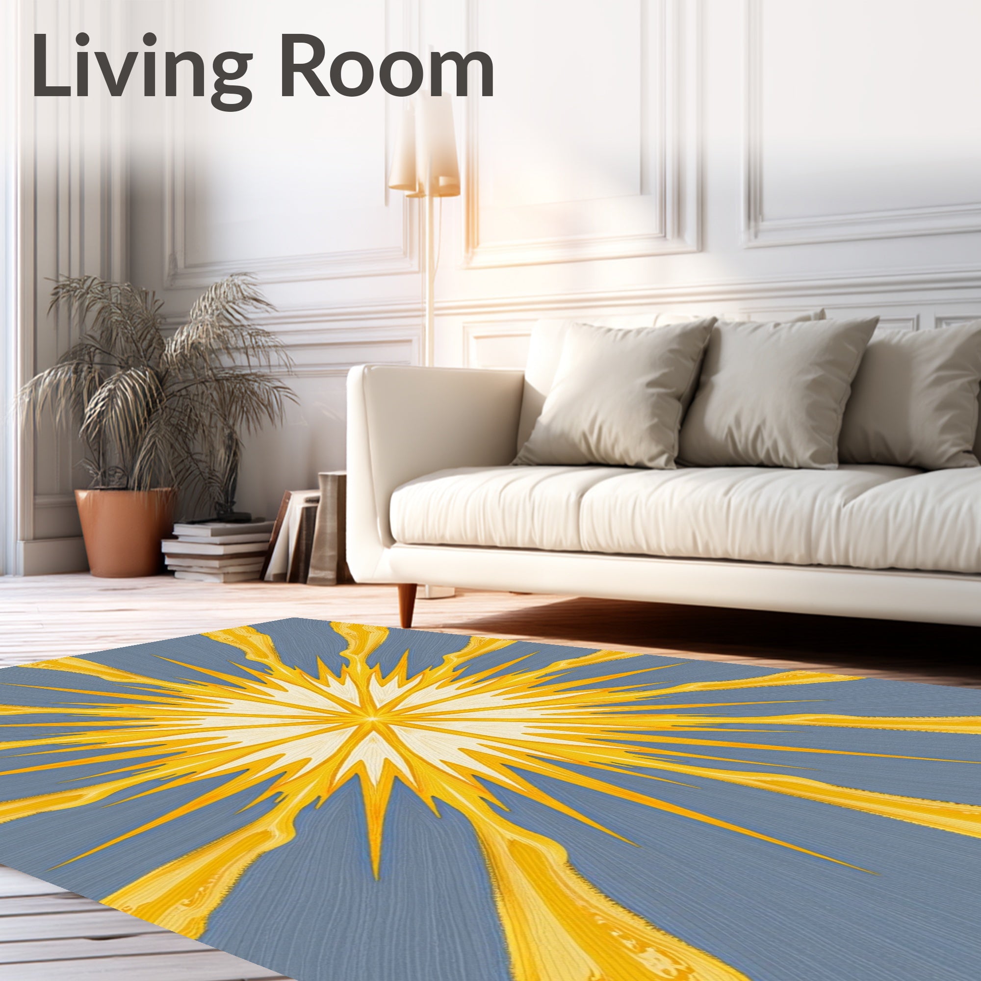 Radiant Yellow Sunburst With Blue Background Rug