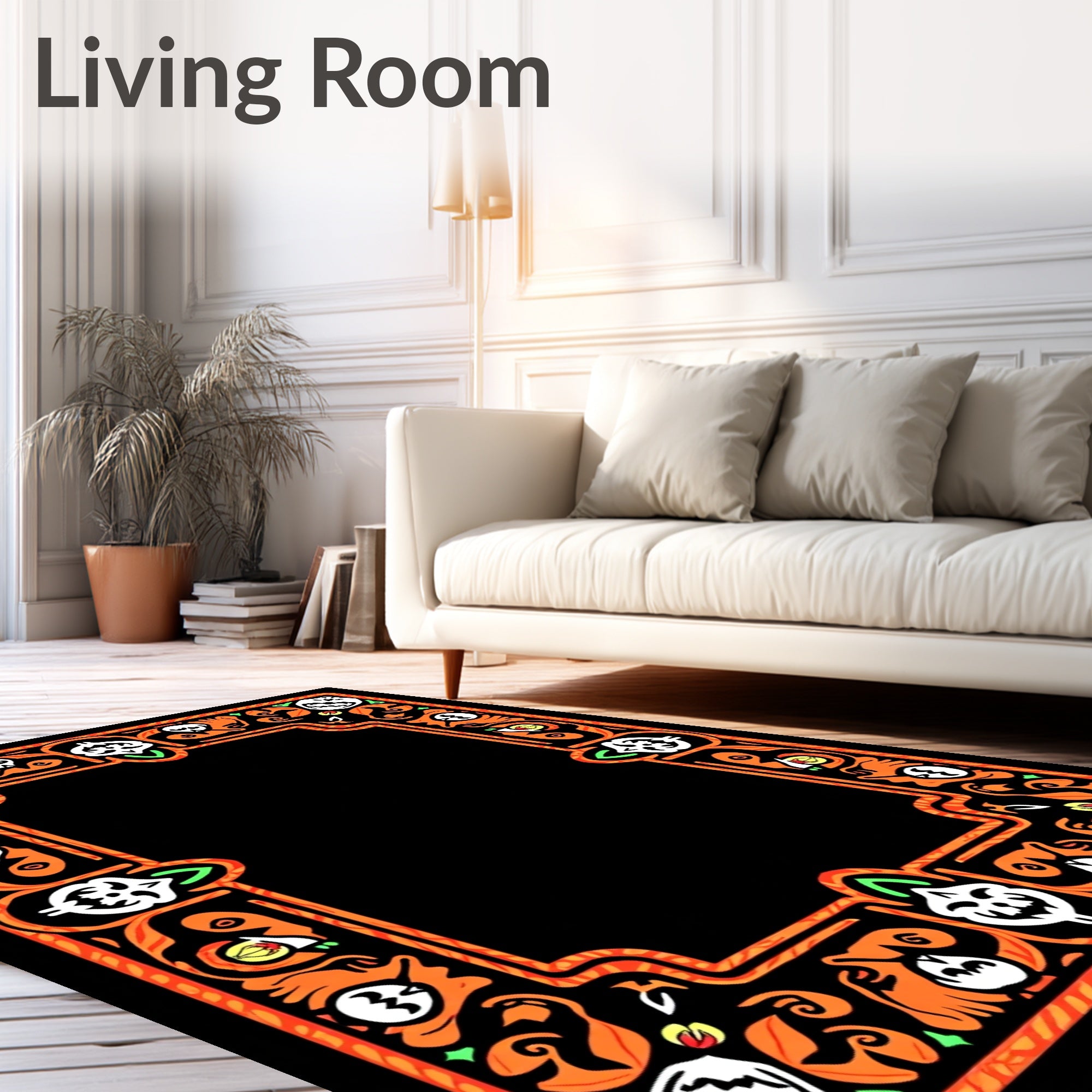 Whimsical orange white skull border Rug