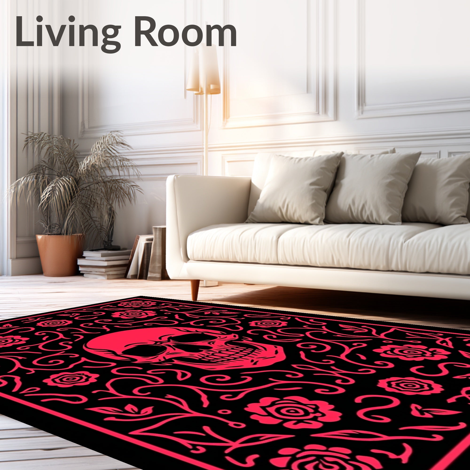 Vibrant Red Skull Floral Vine Rug