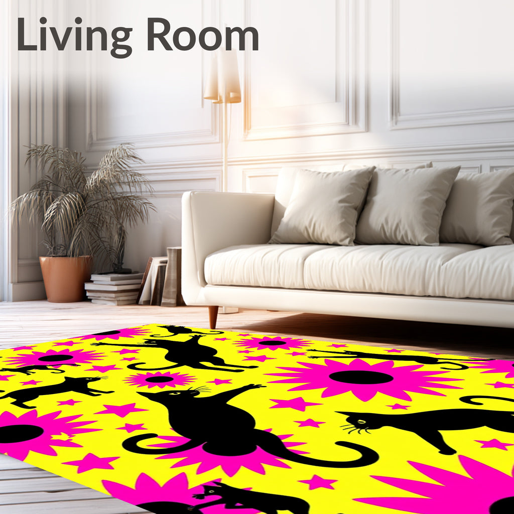 Vibrant Yellow Black Cat Floral Rug