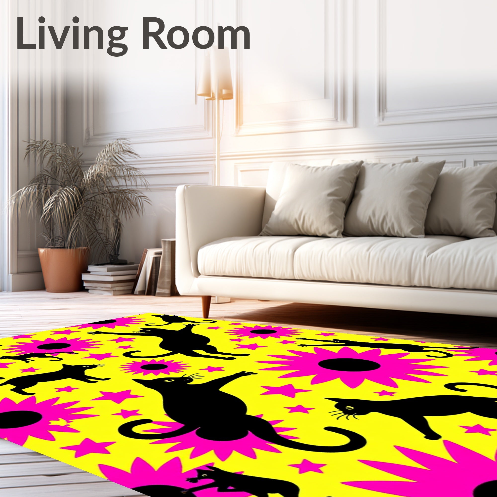 Vibrant Yellow Black Cat Floral Rug
