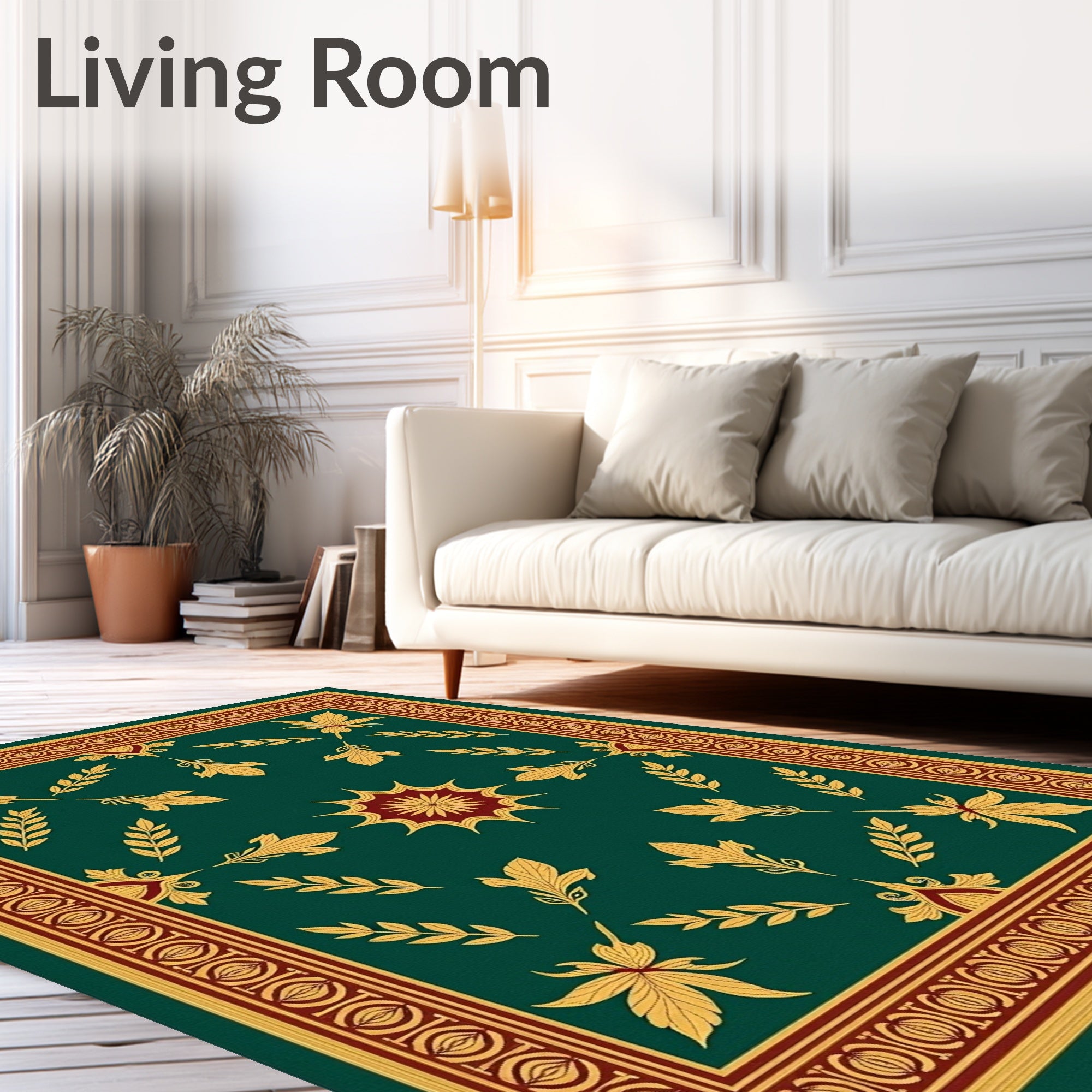 Deep Green Gold Leaf Border Rug
