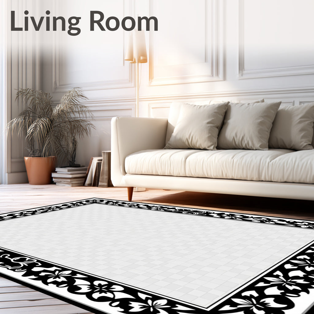 Black White Floral Botanical Border Rug