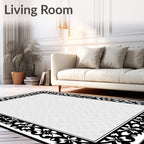 Black White Floral Botanical Border Rug