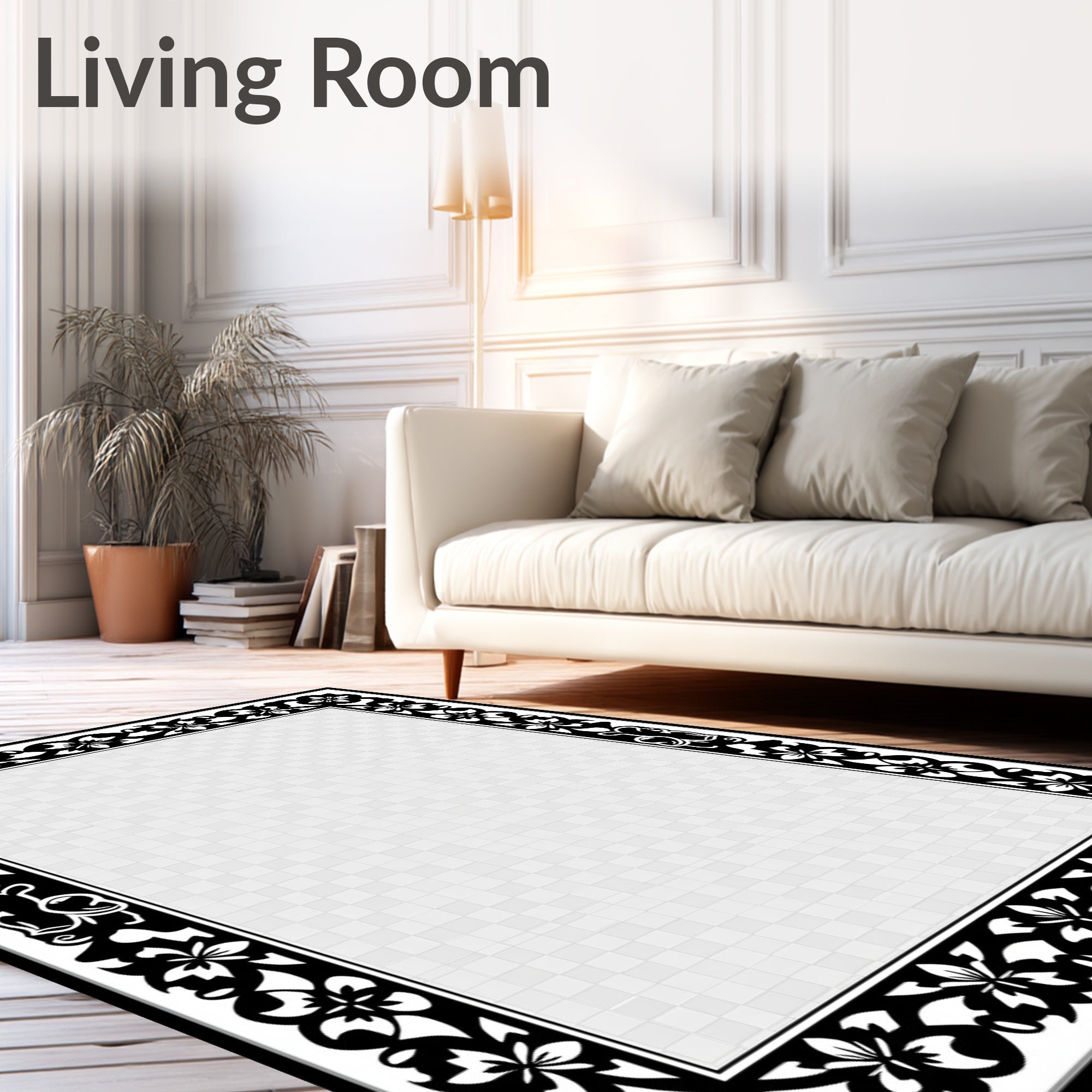Black White Floral Botanical Border Rug