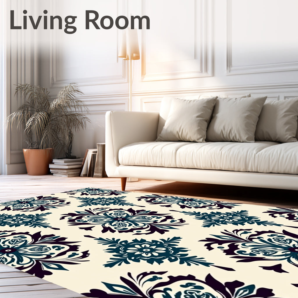 Deep Teal Floral Damask Cream Background Rug