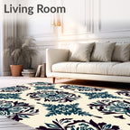 Deep Teal Floral Damask Cream Background Rug
