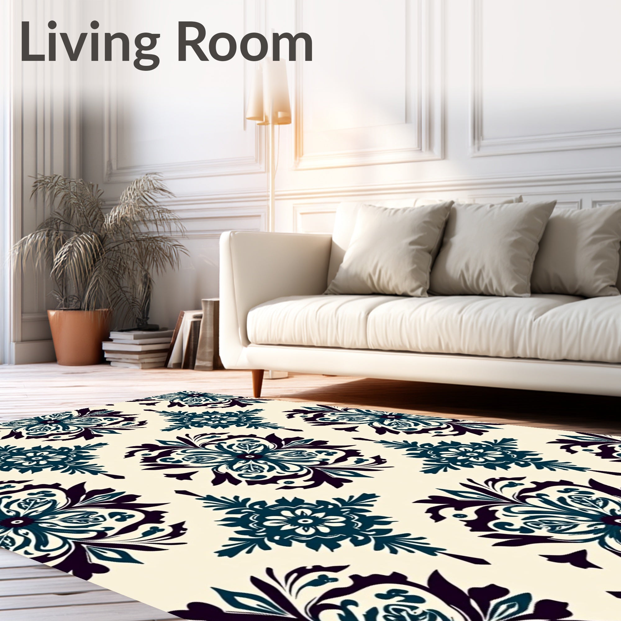 Deep Teal Floral Damask Cream Background Rug