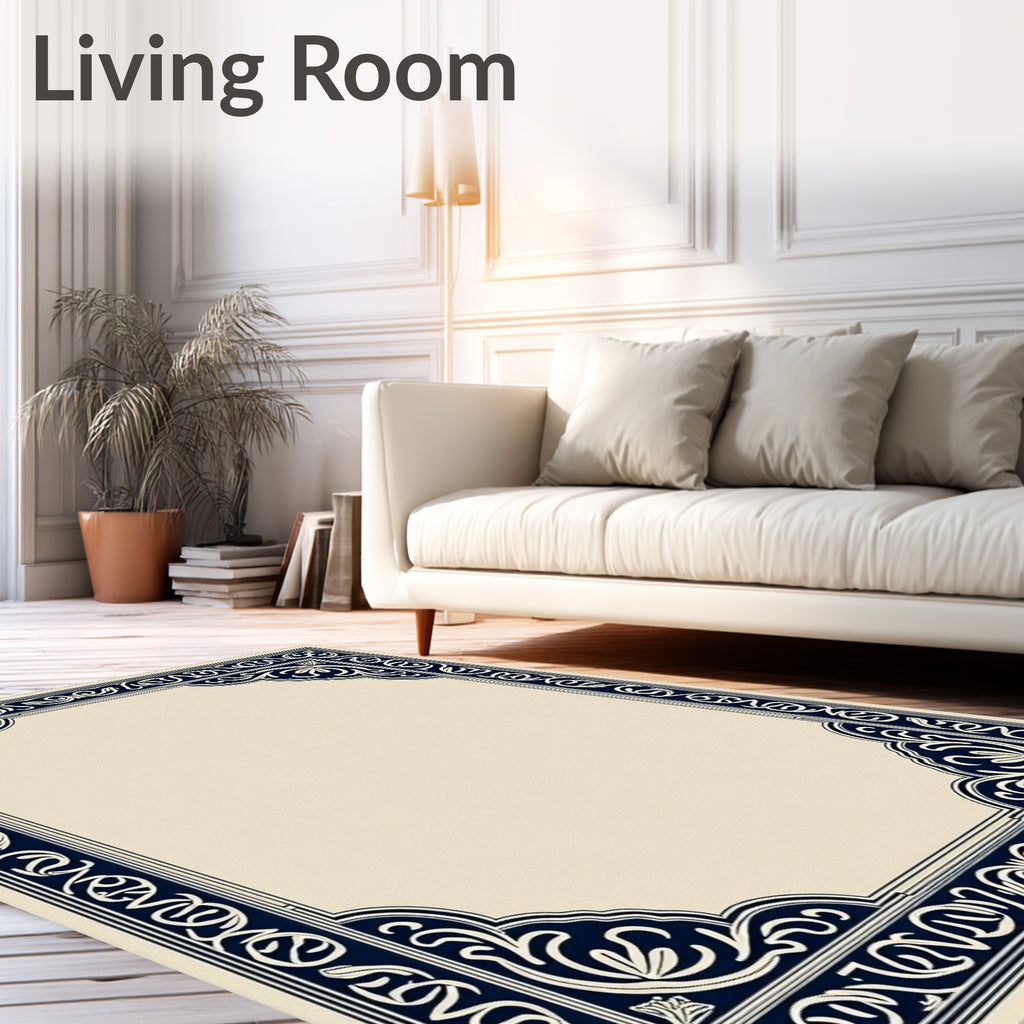 Ornate Navy Floral Frame Cream Rug