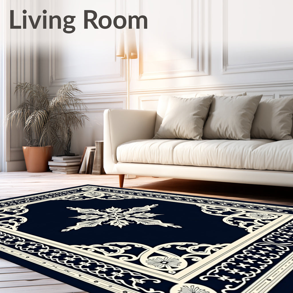 Elegant Ivory Scrollwork Navy Medallion Rug