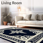 Elegant Ivory Scrollwork Navy Medallion Rug