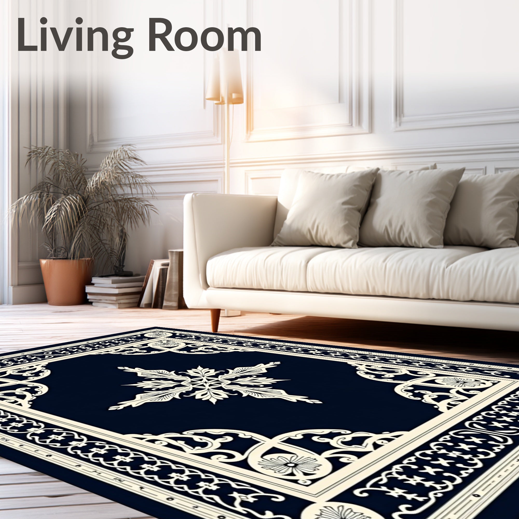 Elegant Ivory Scrollwork Navy Medallion Rug