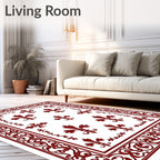 Deep Red Fleur-de-lis Scroll Border Rug