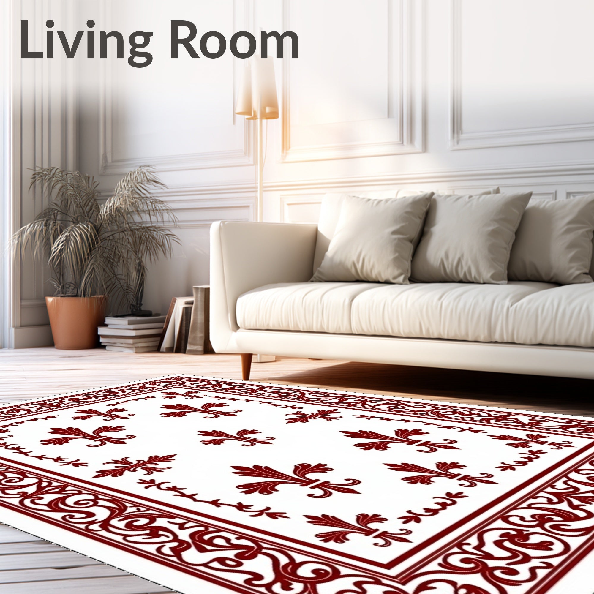 Deep Red Fleur-de-lis Scroll Border Rug