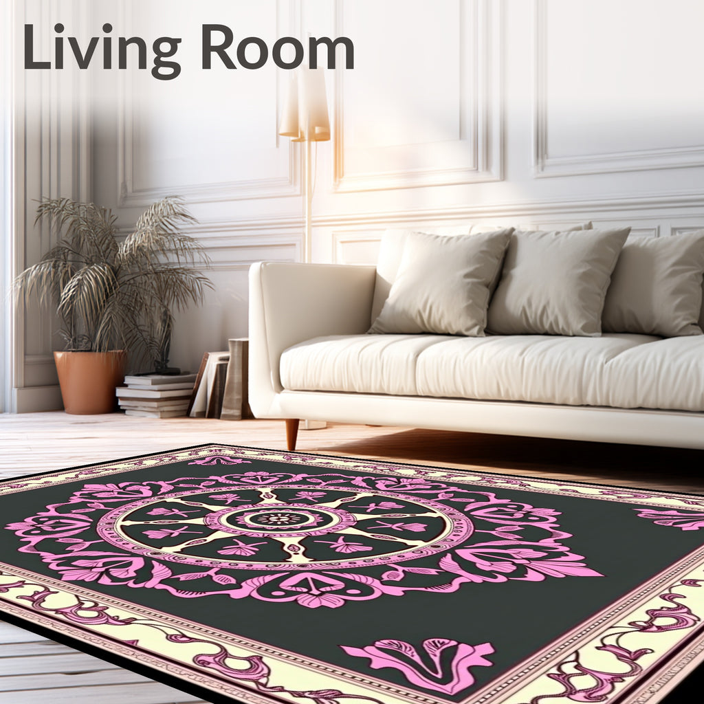 Ornate Pink Floral Medallion Charcoal Rug