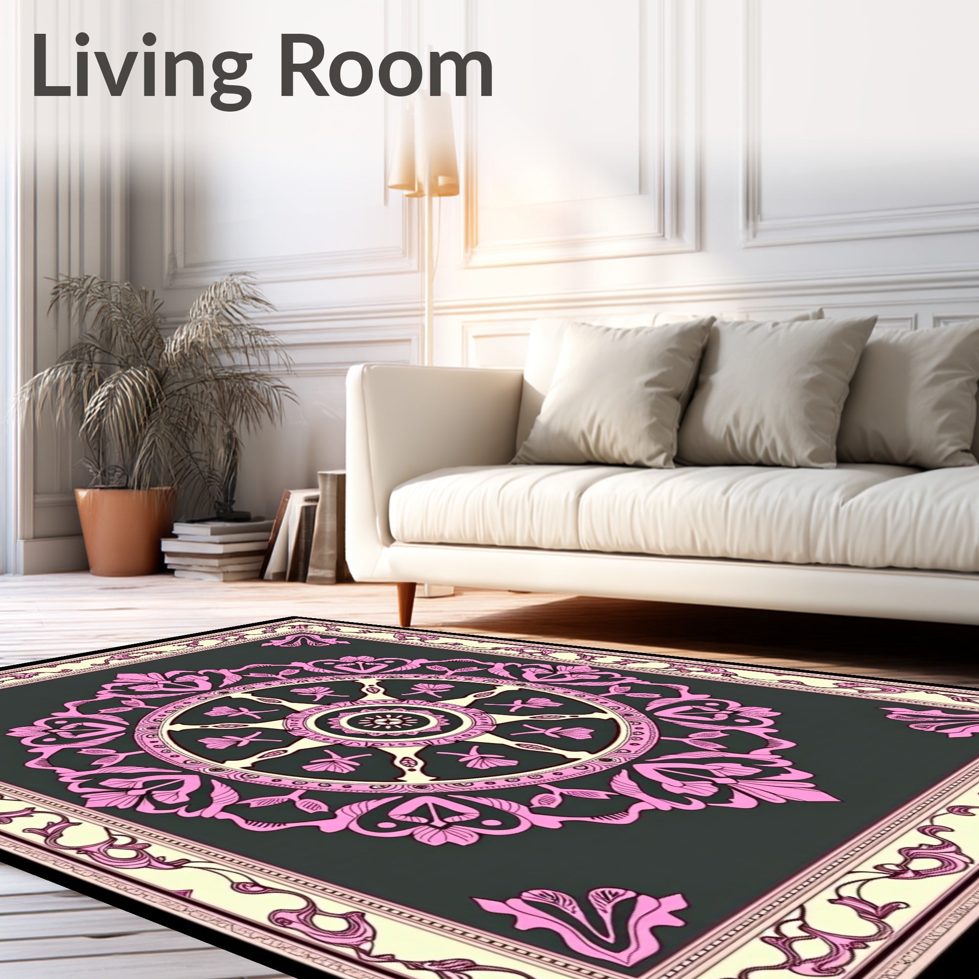 Ornate Pink Floral Medallion Charcoal Rug