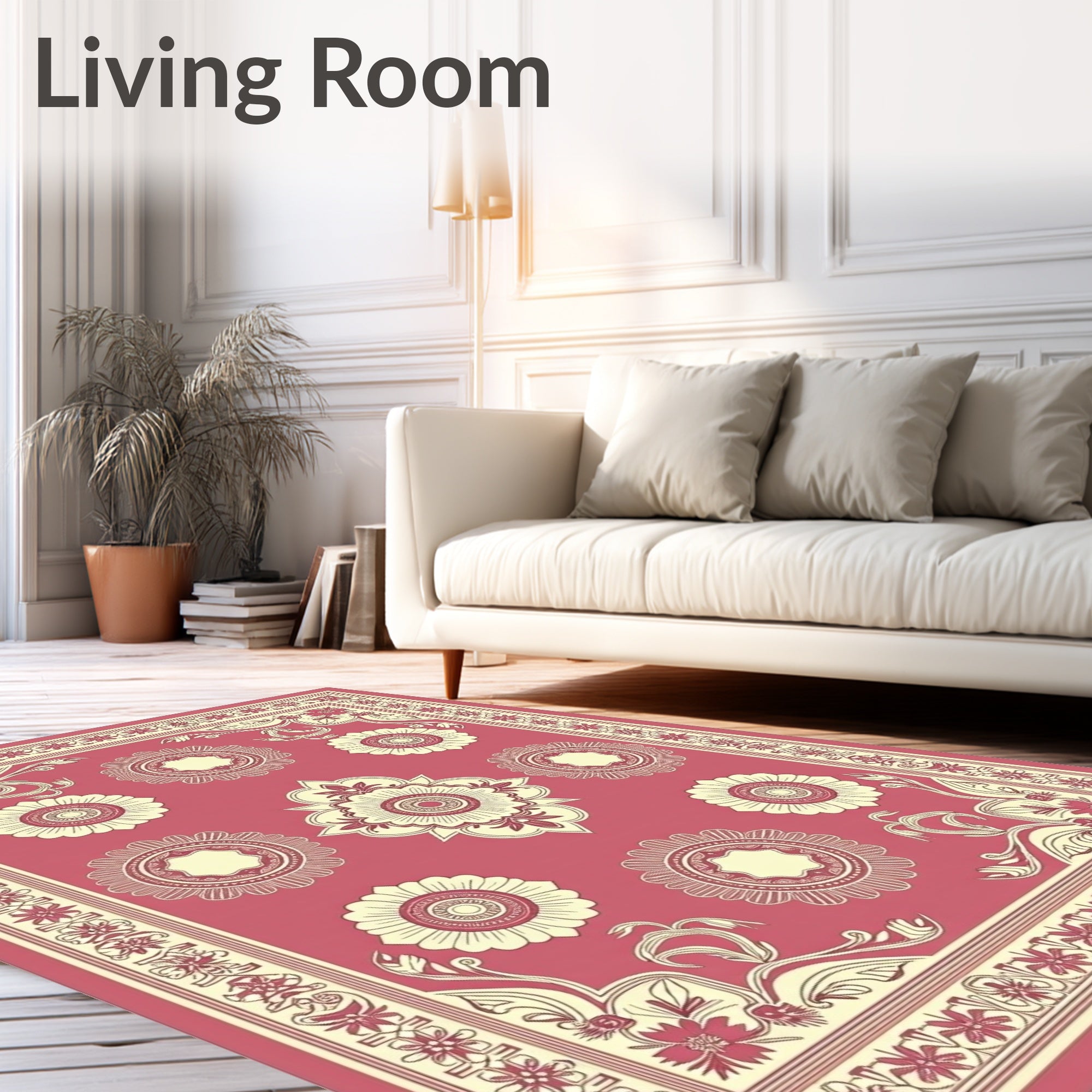 Rose Pink Floral Medallion Frame Rug
