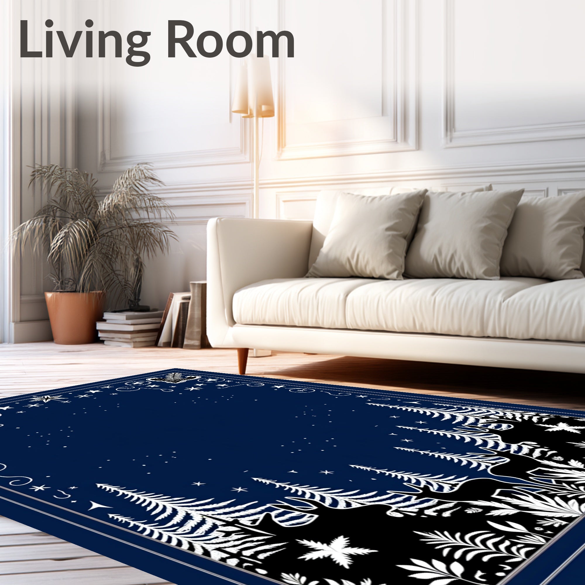 Deep Blue Woodland Snowy Starry Night Rug