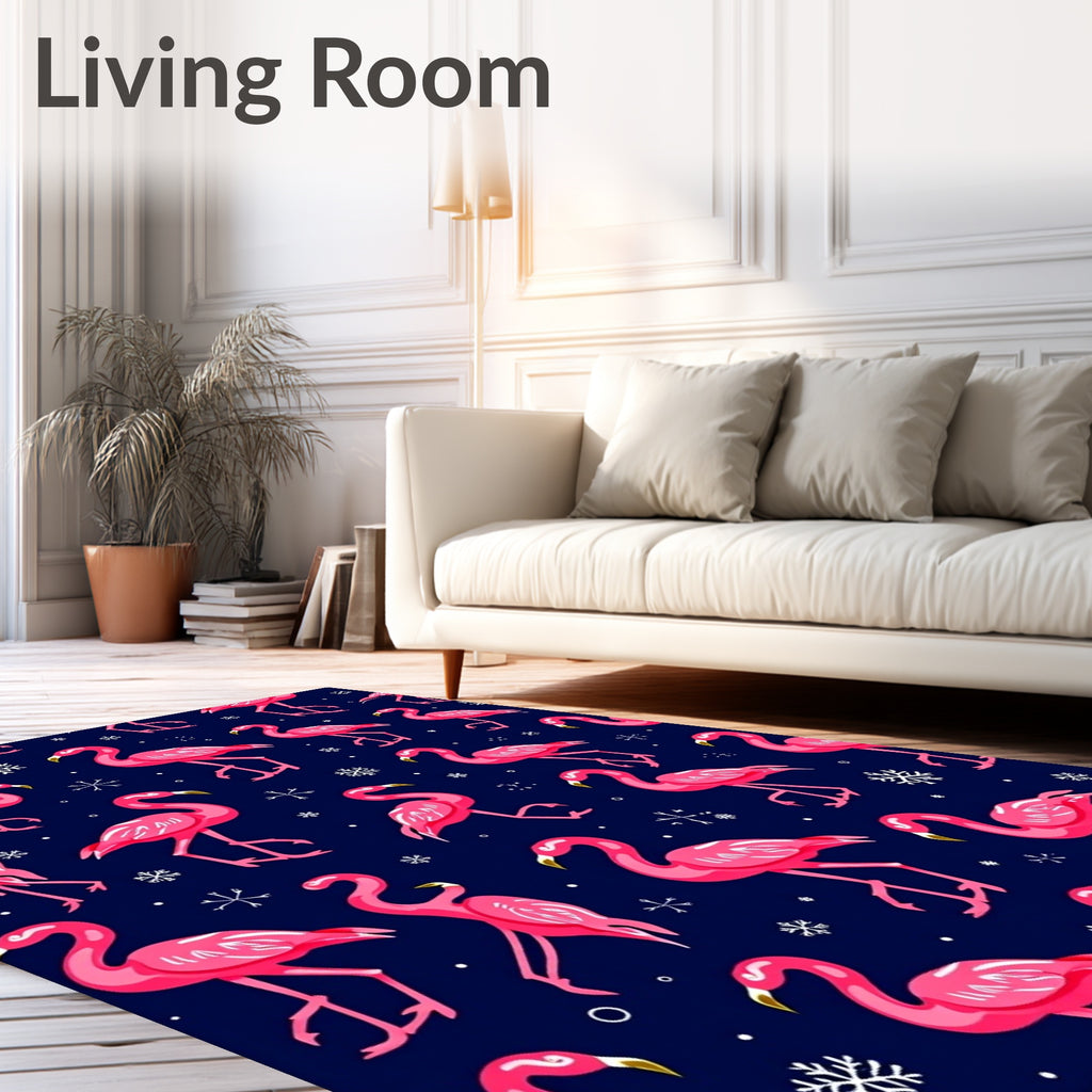 Hot Pink Flamingo Snowflakes Navy Rug
