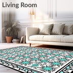Aqua and Black Ornate Damask Rug