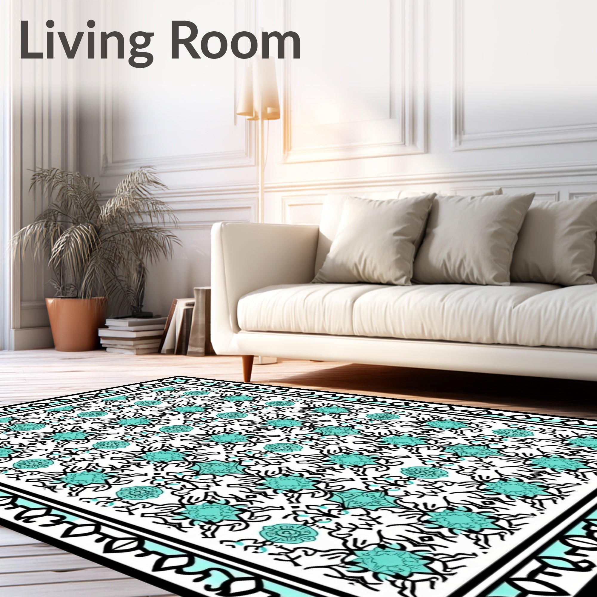 Aqua and Black Ornate Damask Rug