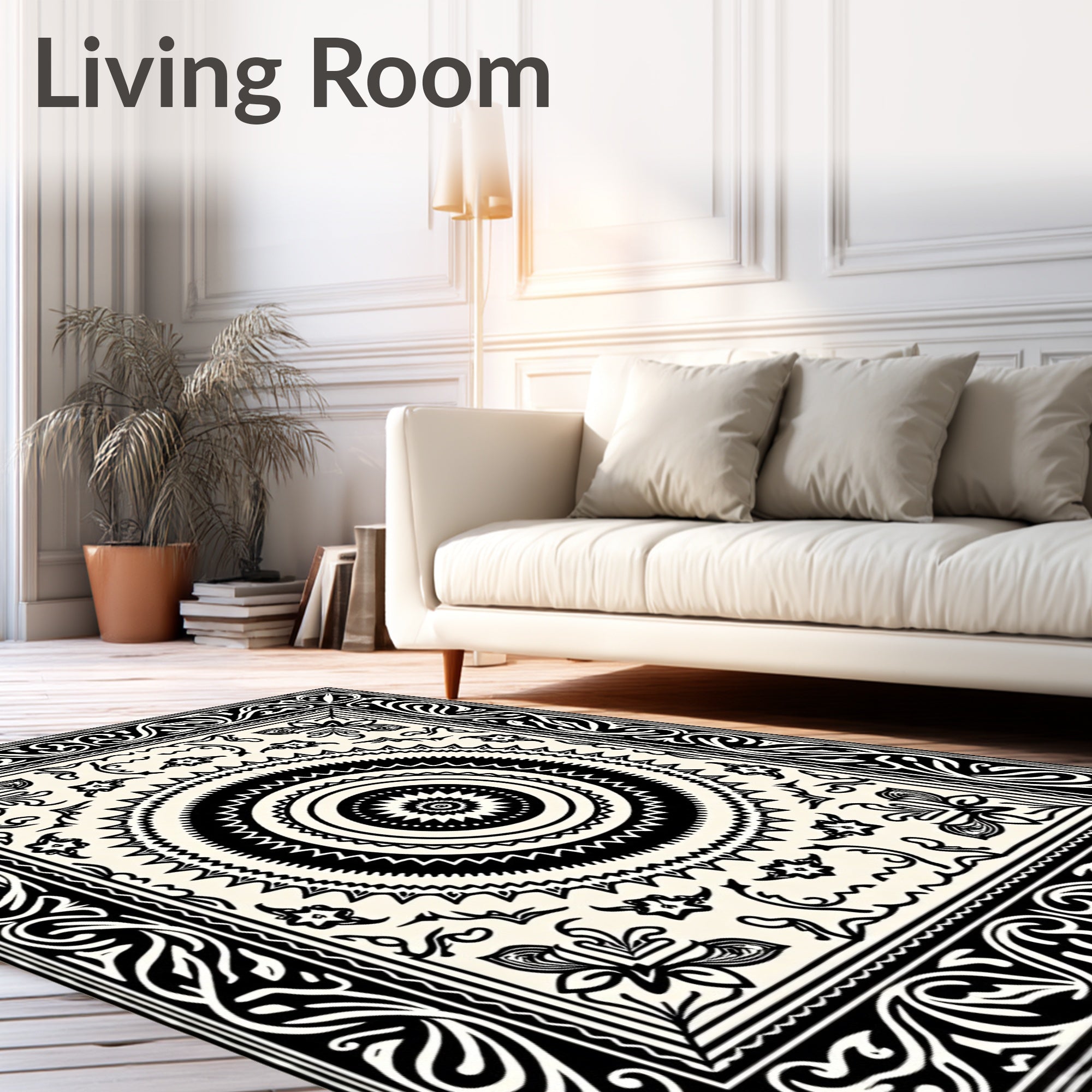 Bold Black White Mandalas Frame Rug