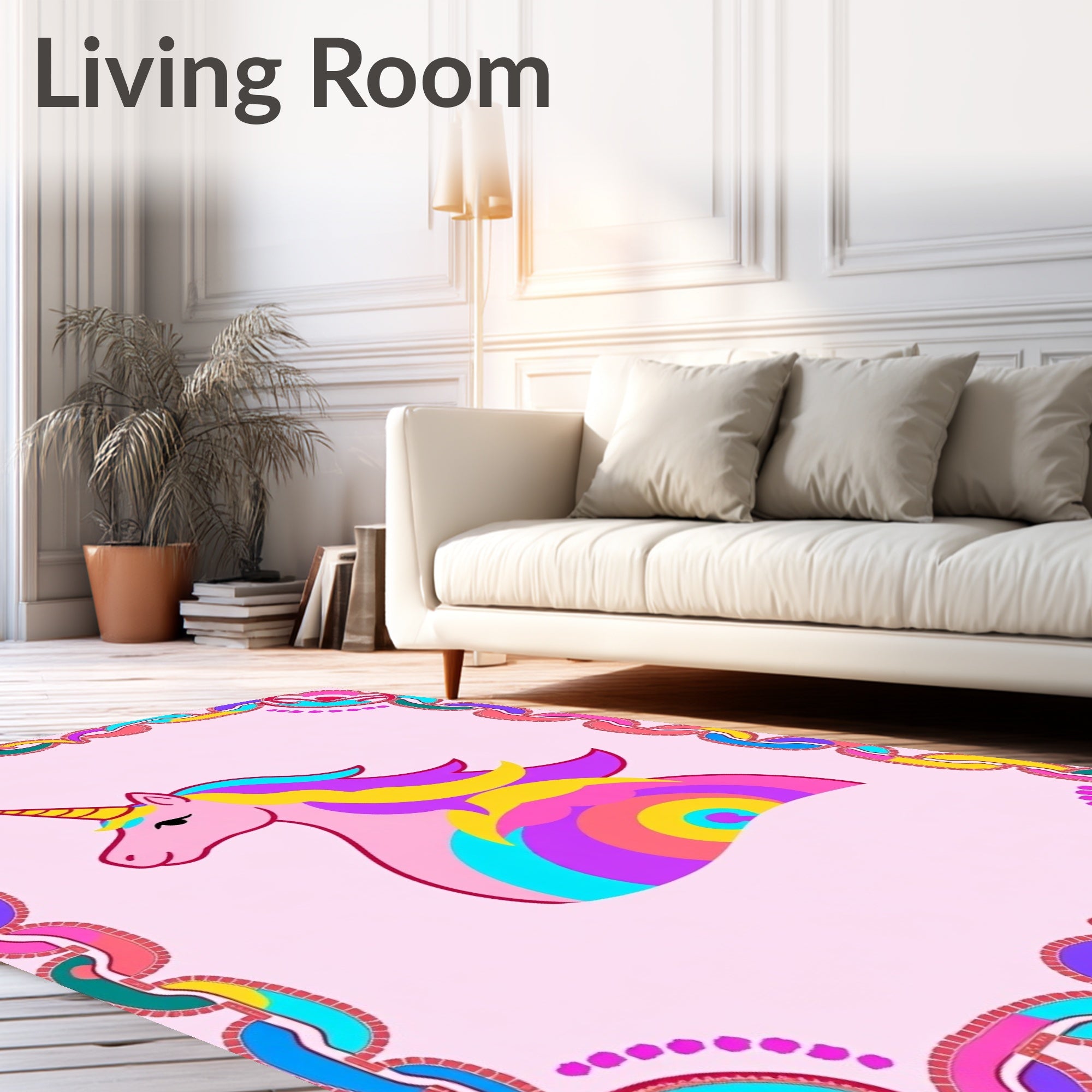 Whimsical Pink Unicorn Rainbow Swirl Rug