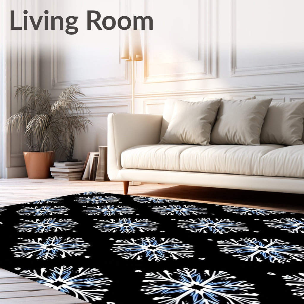 Black White Blue Starburst Floral Arrangement Rug