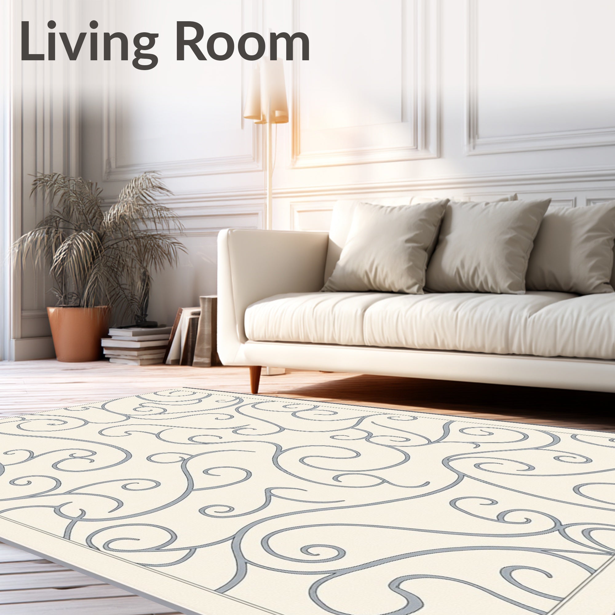 Cream Blue Swirl Flourish Medallion Rug