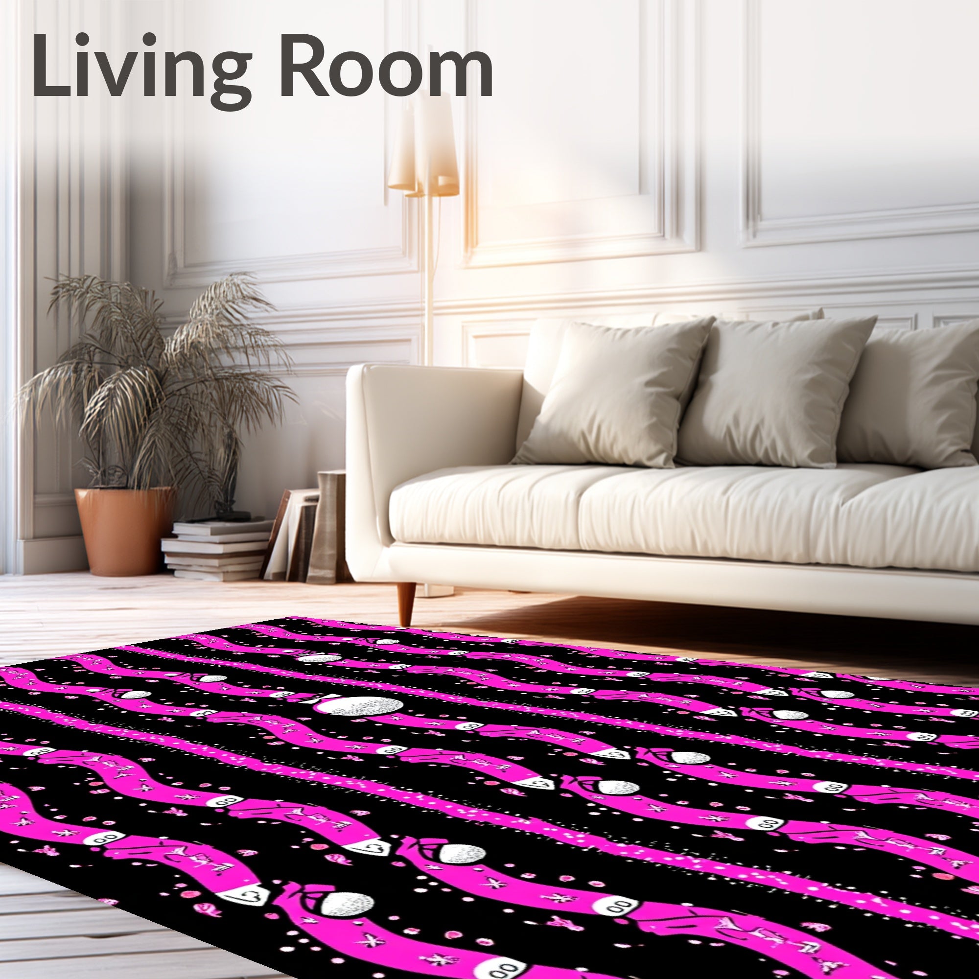 Pink Wavy Black Star Ornament Rug