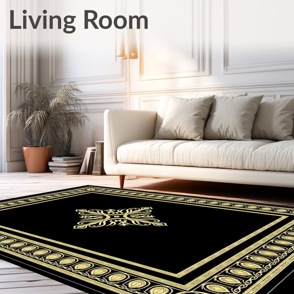 Black Gold Ornate Laurel Medallion Rug