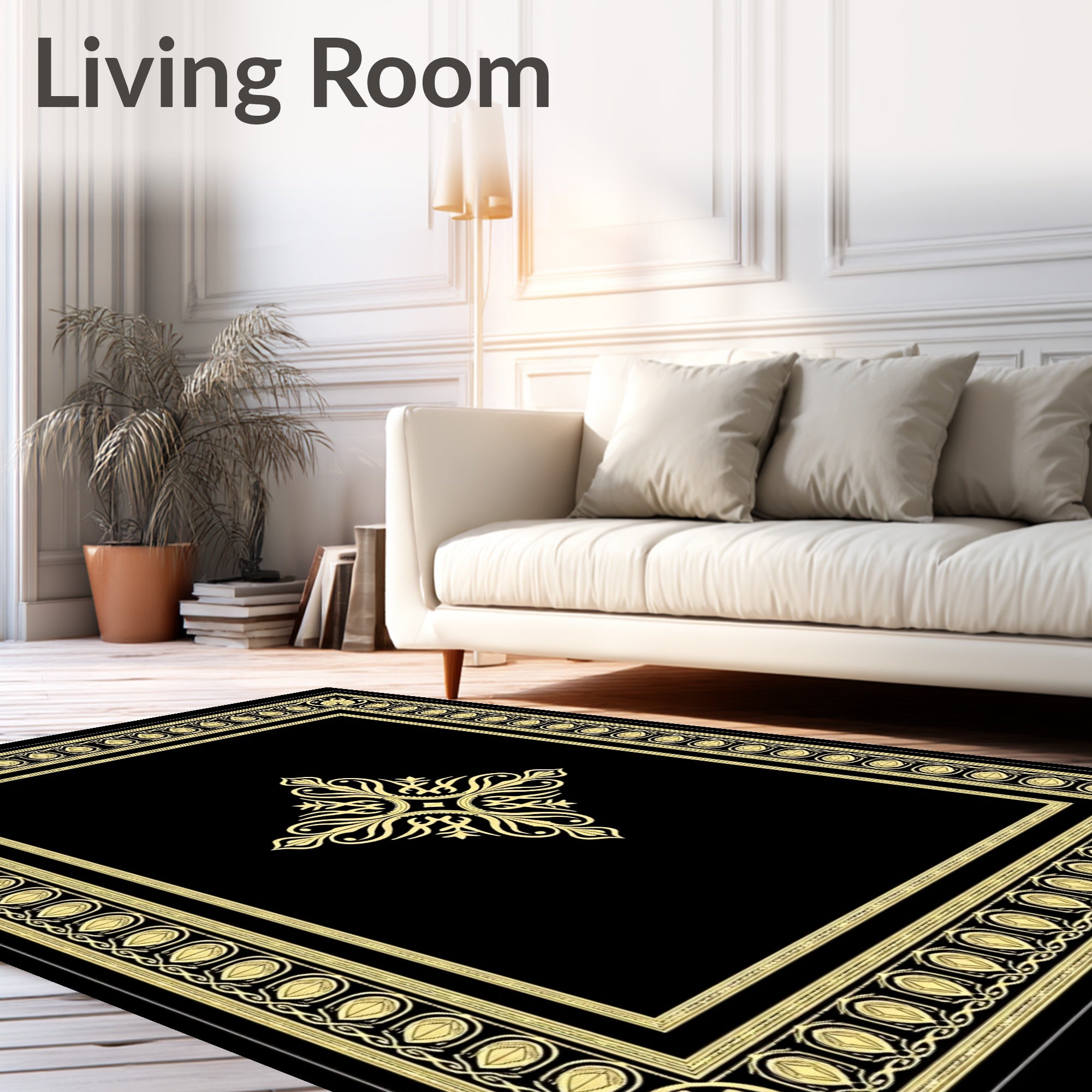 Black Gold Ornate Laurel Medallion Rug