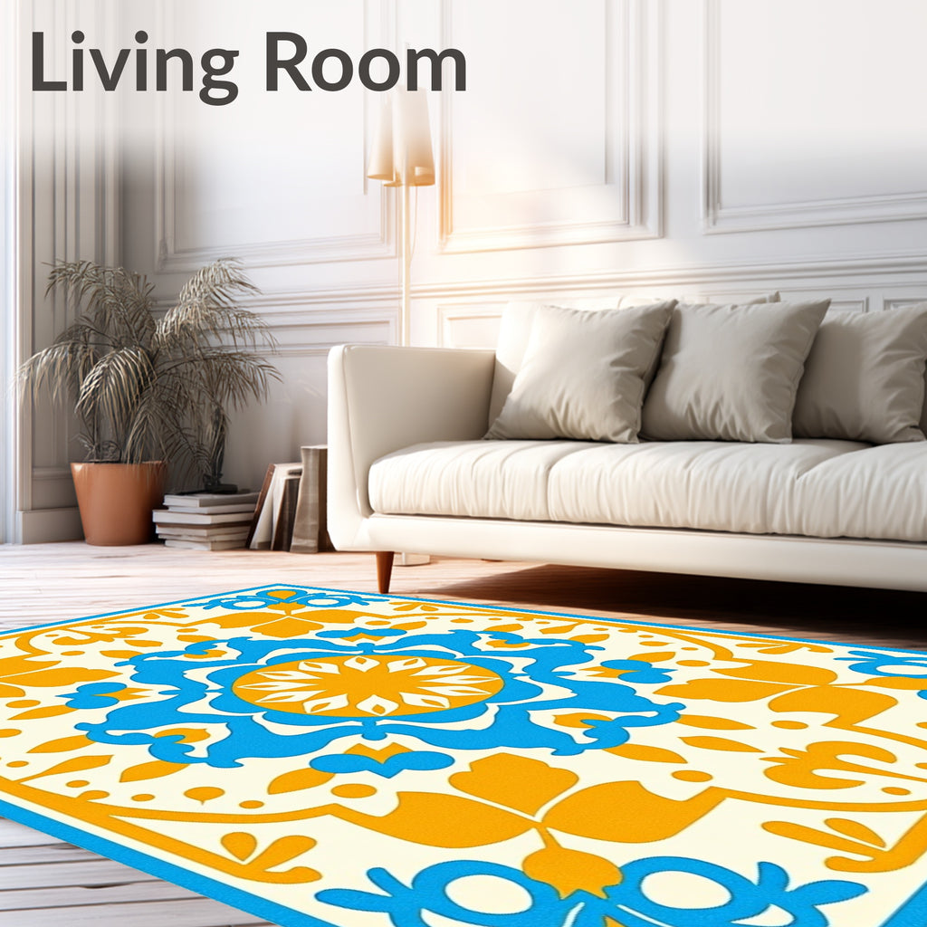 Bright Blue Orange Floral Medallion Rug