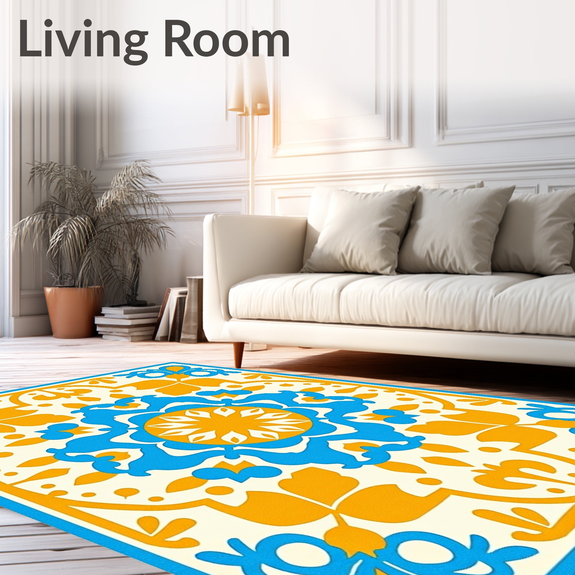 Bright Blue Orange Floral Medallion Rug