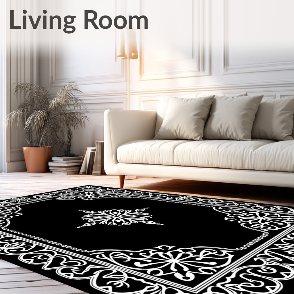 Elegant Black White Mandala Scrollwork Rug