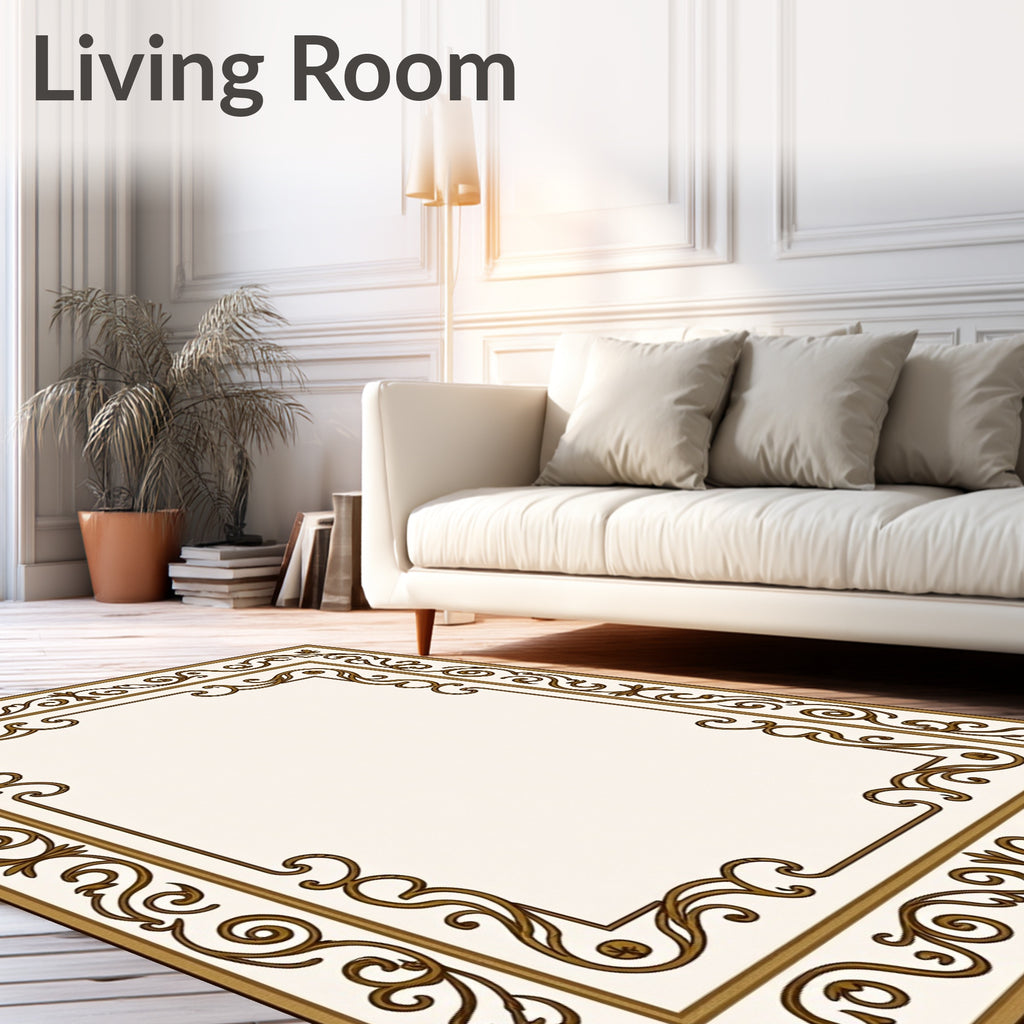 Ornate Brown Scrollwork Classic Border Rug