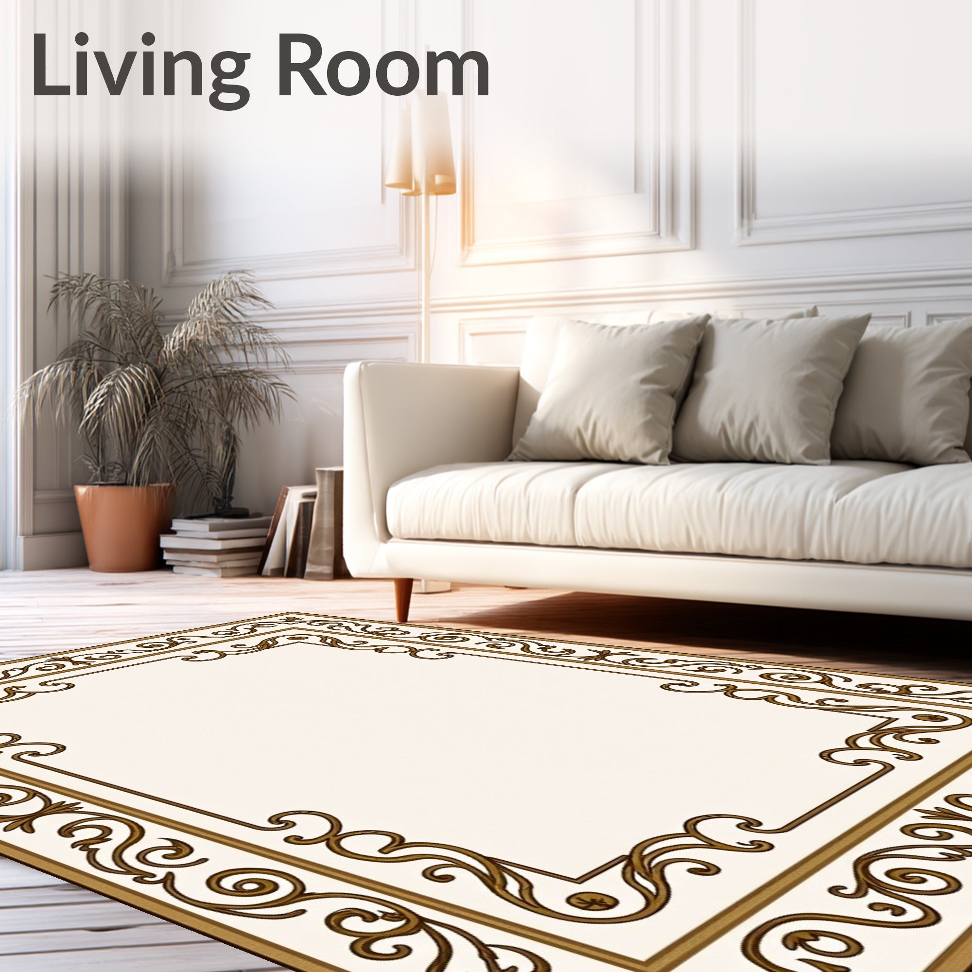 Ornate Brown Scrollwork Classic Border Rug