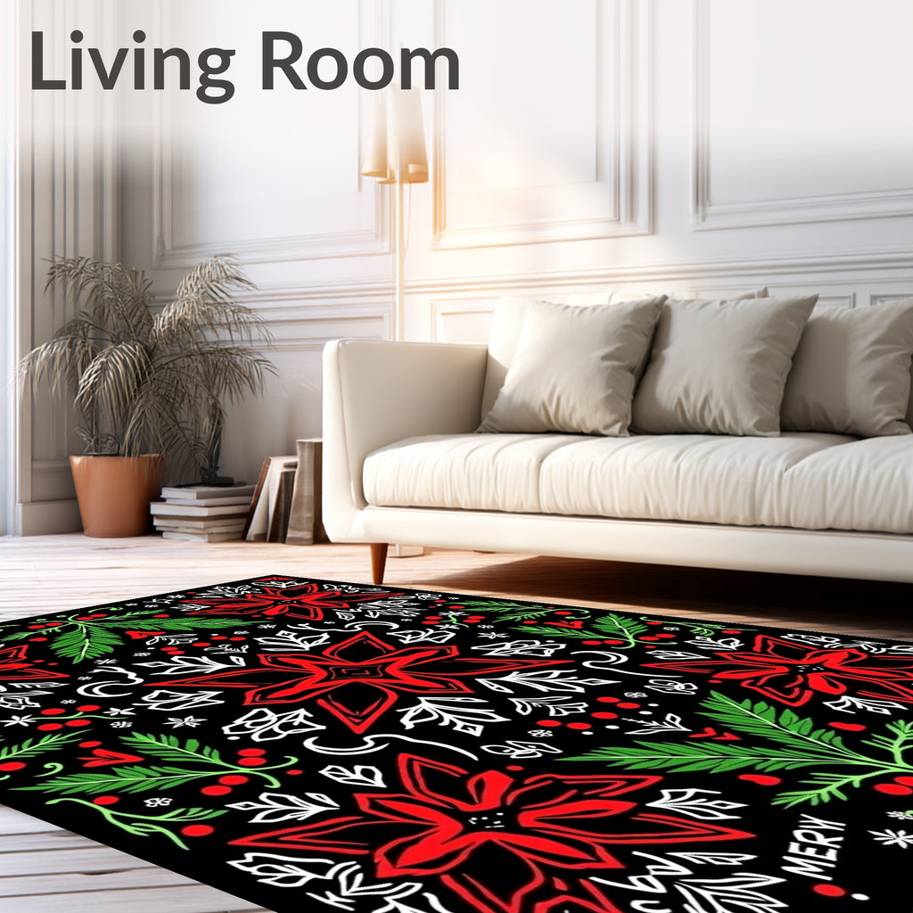 Red Poinsettia Black Holiday Floral Rug