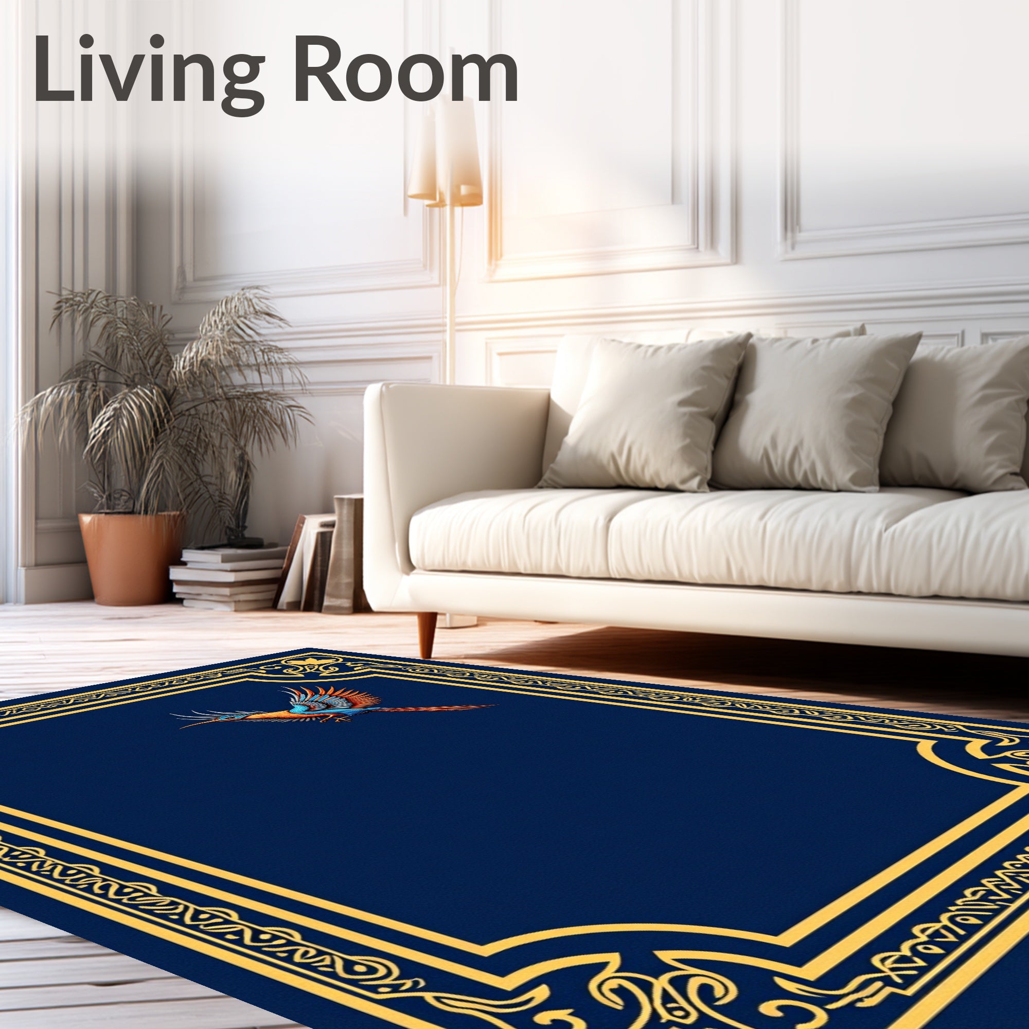 Golden Ornate Blue Bird Border Rug