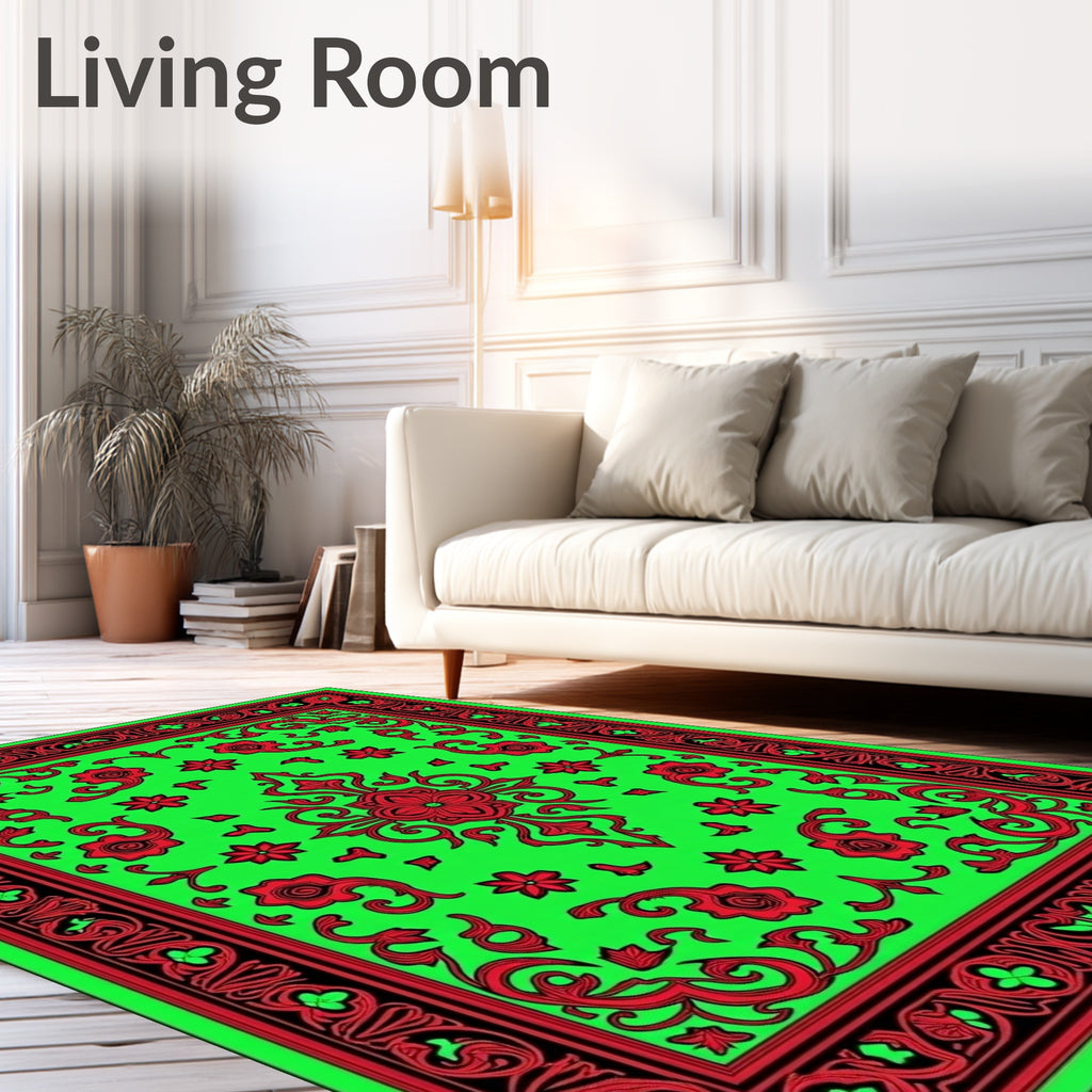 Vibrant Red Floral Emerald Border Rug